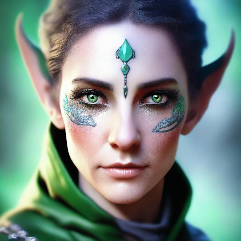 A close-up face portrait of a female changeling rogue with a light complexion