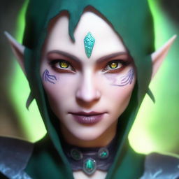 A close-up face portrait of a female changeling rogue with a light complexion