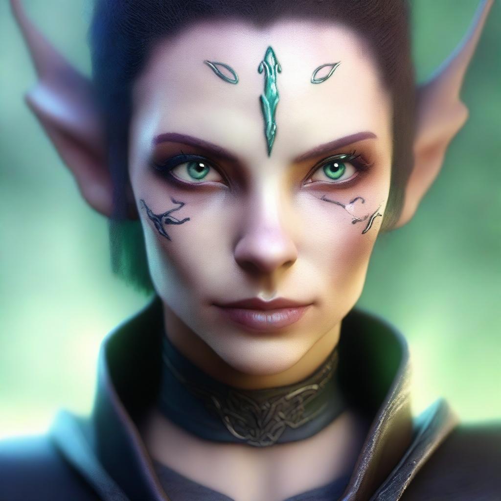 A close-up face portrait of a female changeling rogue with a light complexion