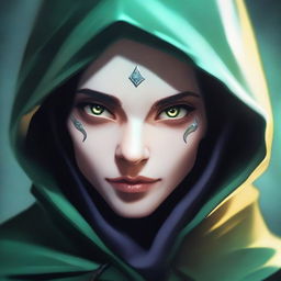 A close-up face portrait of a female changeling rogue with a light complexion, wearing a hood