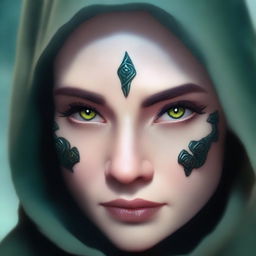 A close-up face portrait of a female changeling rogue with a light complexion, wearing a hood