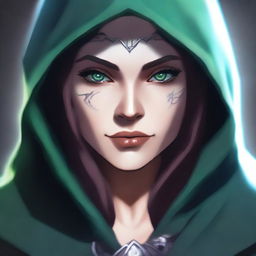 A close-up face portrait of a female changeling rogue with a light complexion, wearing a hood