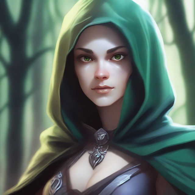 A close-up face portrait of a female changeling rogue with a light complexion, wearing a hood