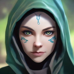 A close-up face portrait of a female changeling rogue with a light complexion, wearing a hood