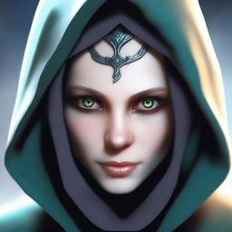 A close-up face portrait of a female changeling rogue with a light complexion, wearing a hood