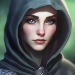 A close-up face portrait of a female changeling rogue with a light complexion, wearing a hood