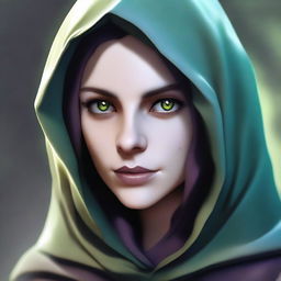 A close-up face portrait of a female changeling rogue with a light complexion, wearing a hood