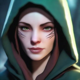 A close-up face portrait of a female changeling rogue with a light complexion, wearing a hood