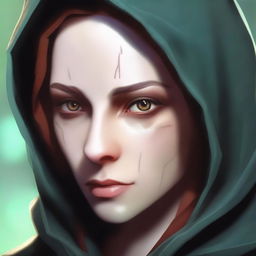 A close-up face portrait of a female changeling rogue with a light complexion, wearing a hood