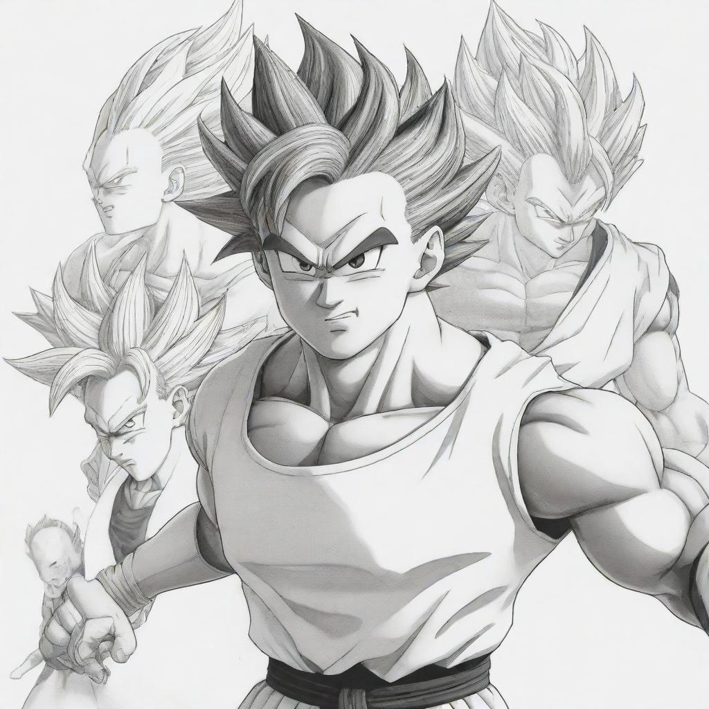 Line-art illustration of Dragon Ball Z characters perfect for coloring, showcasing dynamic action poses