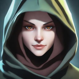 A close-up face portrait of a female changeling rogue with a light complexion, wearing a hood