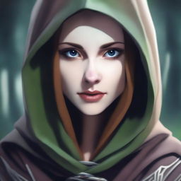 A close-up face portrait of a female changeling rogue with a light complexion, wearing a hood