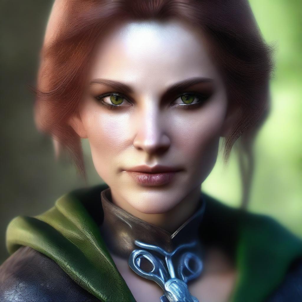 A close-up face portrait of a female changeling rogue with a light complexion