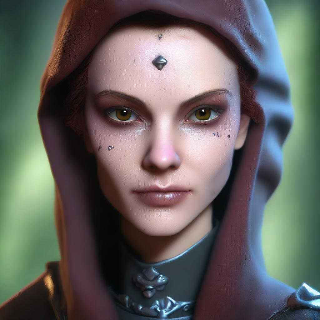 A close-up face portrait of a female changeling rogue with a light complexion