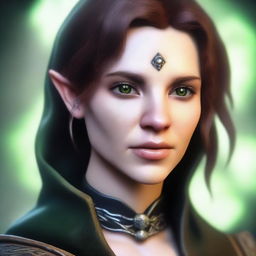 A close-up face portrait of a female changeling rogue with a light complexion