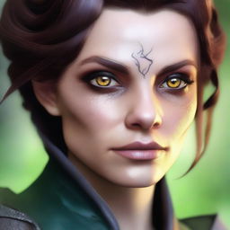 A close-up face portrait of a female changeling rogue with a light complexion