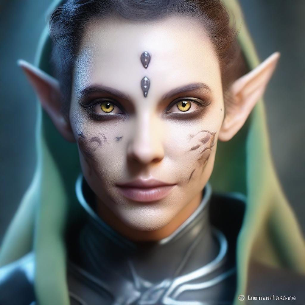 A close-up face portrait of a female changeling rogue with a light complexion