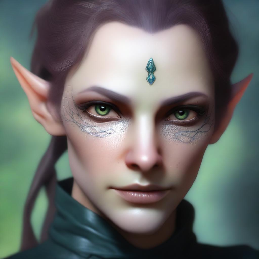 A close-up face portrait of a female changeling rogue with a light complexion