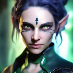 A close-up face portrait of a female changeling rogue with a light complexion