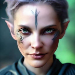 A close-up face portrait of a female changeling rogue with a light complexion