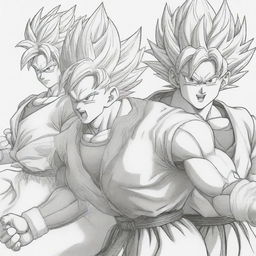 Line-art illustration of Dragon Ball Z characters perfect for coloring, showcasing dynamic action poses