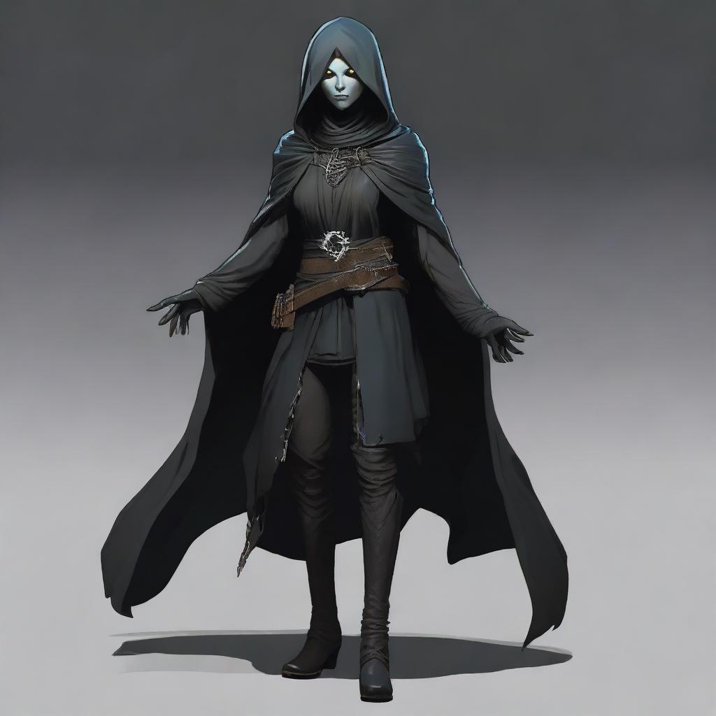 A full-body portrait of a female changeling rogue with a light complexion