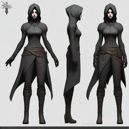 A full-body portrait of a female changeling rogue with a light complexion