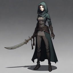 A full-body portrait of a female changeling rogue with a light complexion