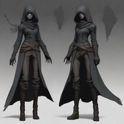 A full-body portrait of a female changeling rogue with a light complexion