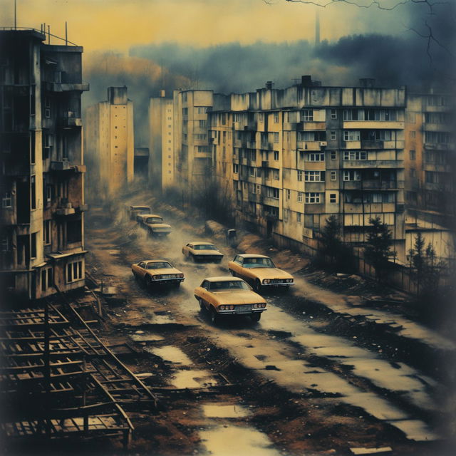 A semi-dark, retro depiction of Eastern Europe in the 1970s, featuring muted earthy tones, Brutalist architecture, vintage cars, and subtle historical details