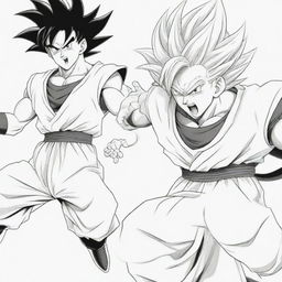 Line-art illustration of Dragon Ball Z characters perfect for coloring, showcasing dynamic action poses