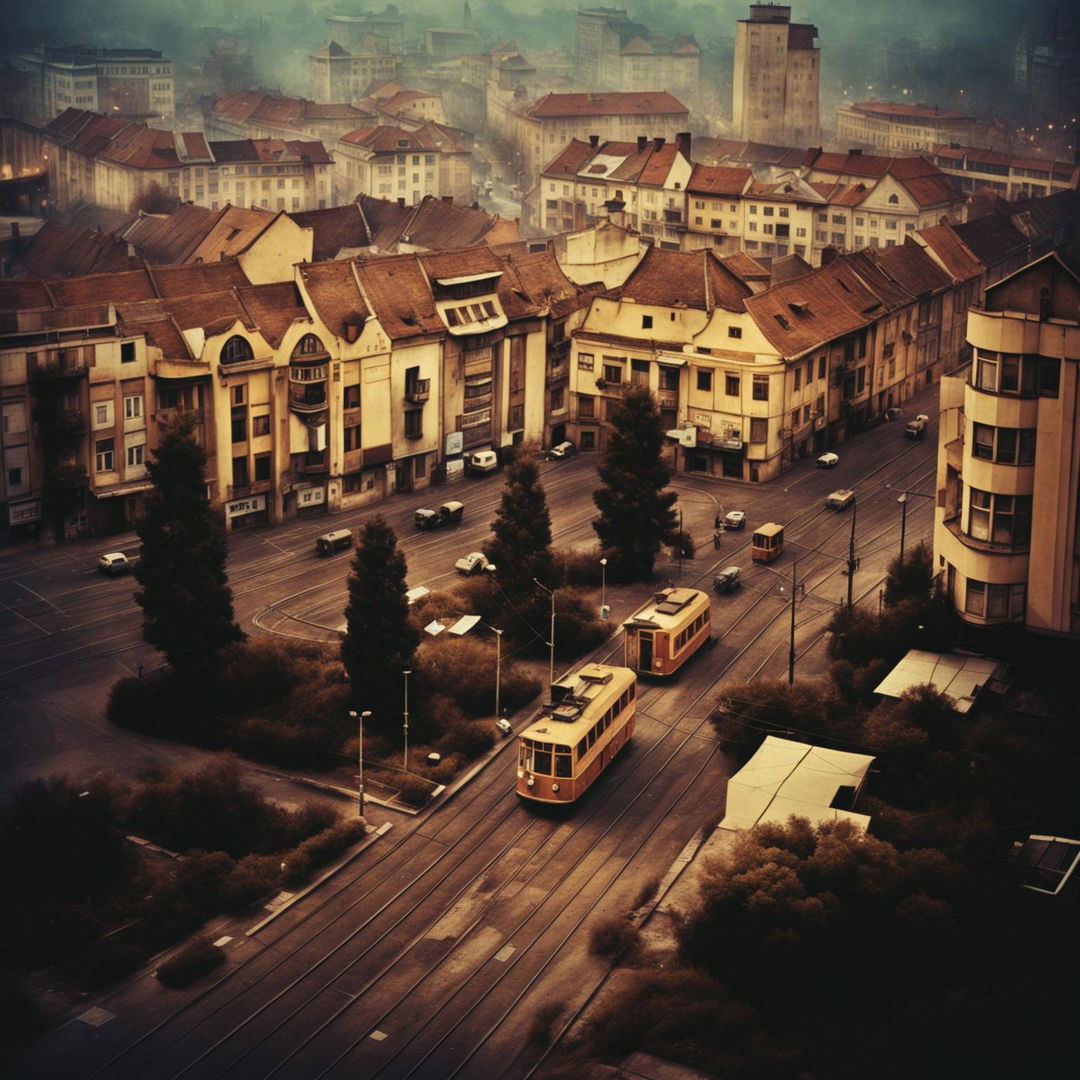 A semi-dark, retro image of Cluj, Romania, in the 1970s