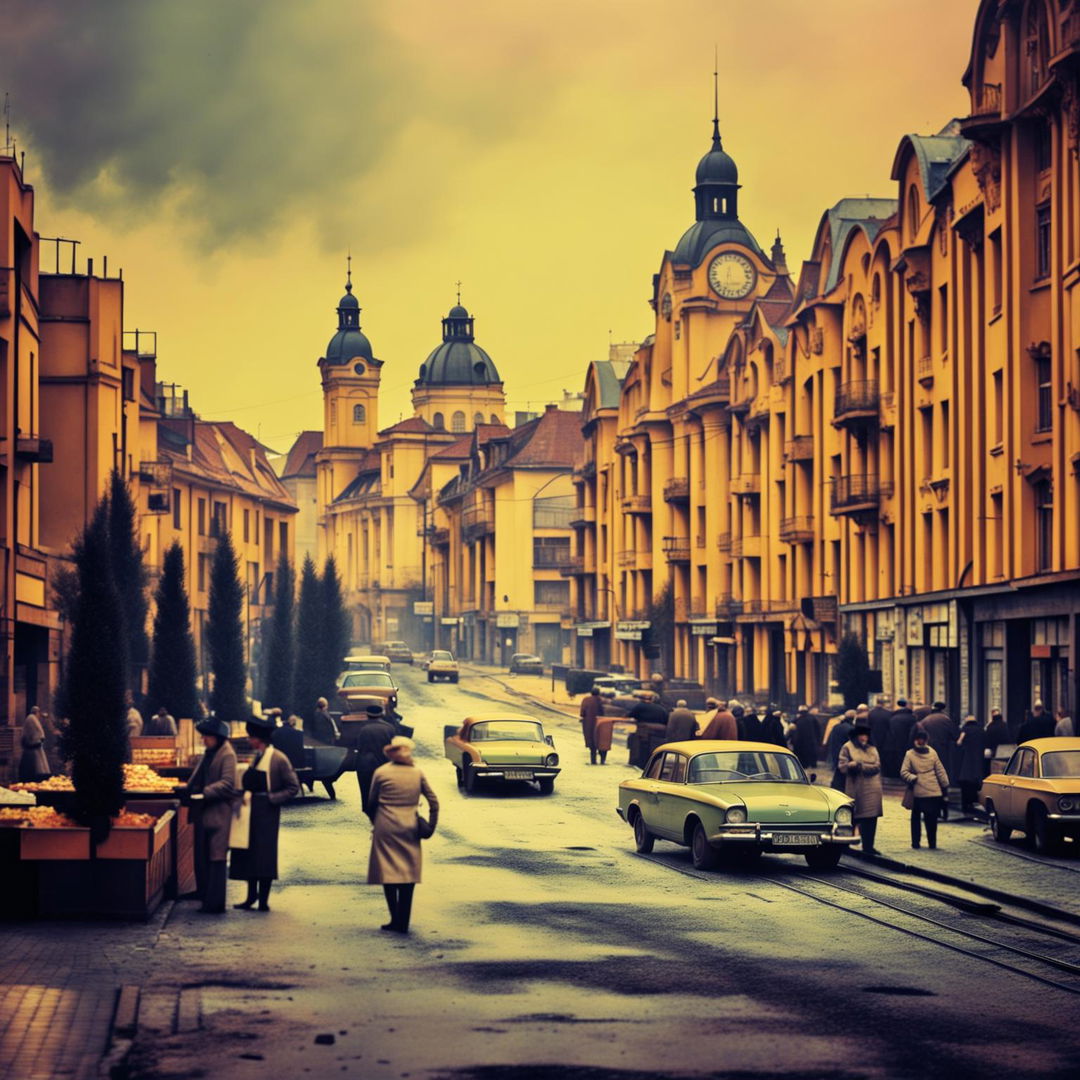 A semi-dark, retro-style image of Cluj, Romania during the Communist era, featuring muted colors, historic buildings, Soviet-era architecture, vintage cars, and people in period clothing, evoking a somber yet nostalgic atmosphere