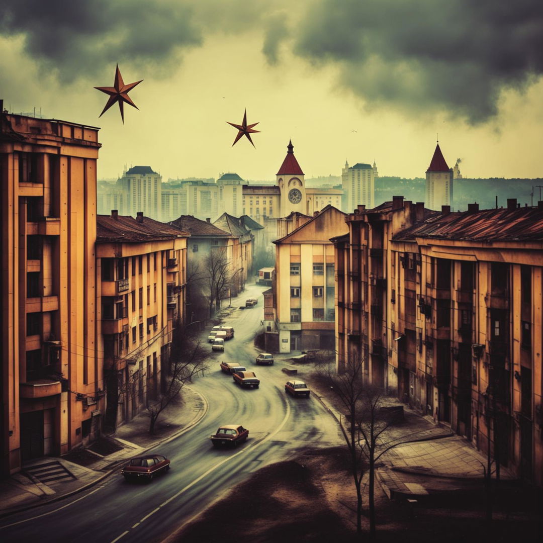 A semi-dark, retro-themed image of Cluj, Romania during the Communist era