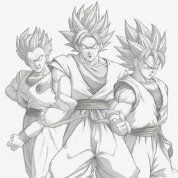 Line-art illustration of Dragon Ball Z characters perfect for coloring, showcasing dynamic action poses