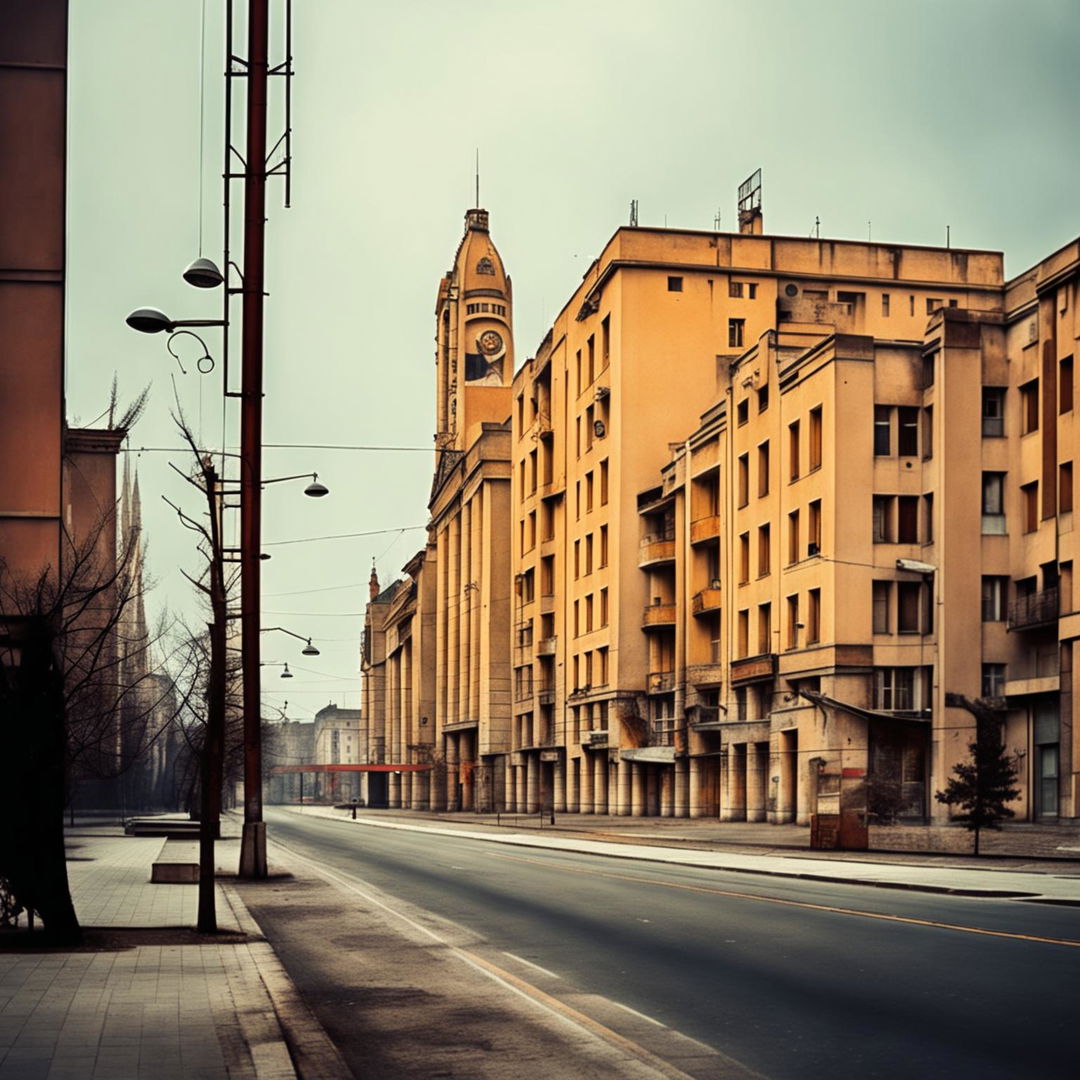 An evocative image of Cluj, Romania during the Communist era, featuring austere architecture, muted colors, and subtle details like propaganda posters and red flags to capture the historical atmosphere