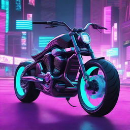 A futuristic cyberpunk-themed motorcycle, also known as a chopper, with neon lights and sleek, edgy design