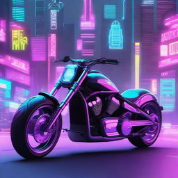 A futuristic cyberpunk-themed motorcycle, also known as a chopper, with neon lights and sleek, edgy design