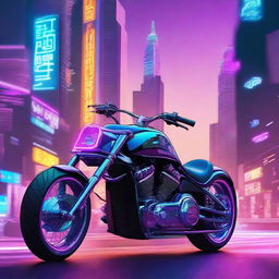 A futuristic cyberpunk-themed motorcycle, also known as a chopper, with neon lights and sleek, edgy design