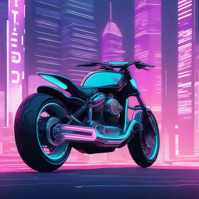 A futuristic cyberpunk-themed motorcycle, also known as a chopper, with neon lights and sleek, edgy design