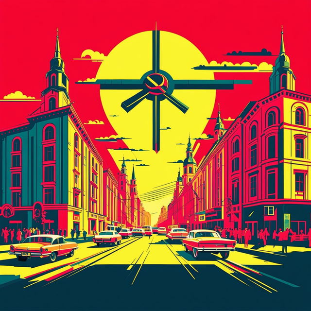 A funky retro depiction of Cluj, Romania, during the communist era