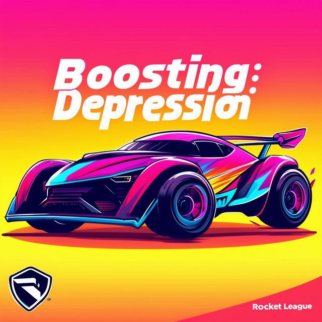 A logo for a Rocket League YouTube channel named 'Boosting Depression,' featuring a sleek rocket car with vibrant colors, boost trails, and bold, modern text