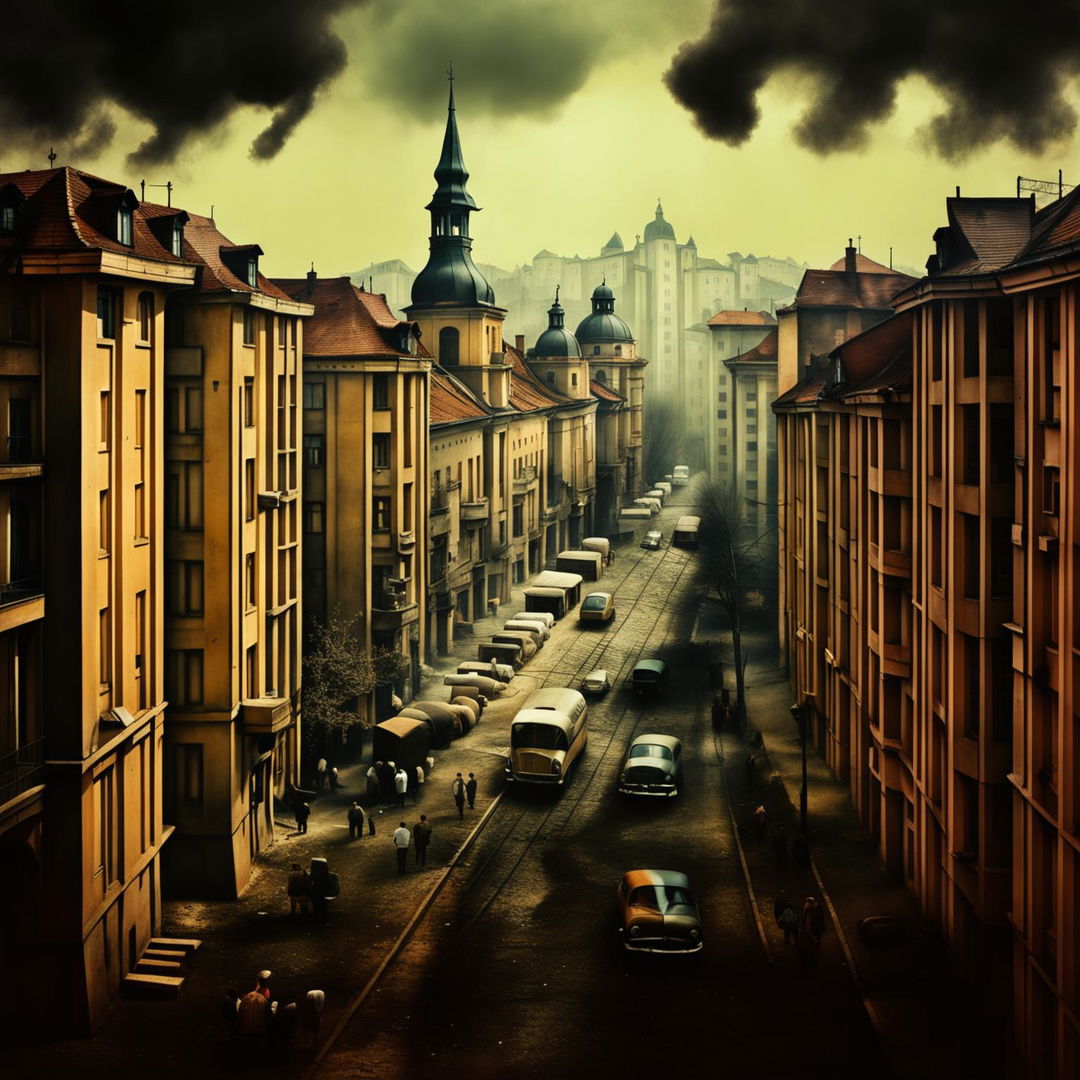 A semi-dark, surreal representation of Cluj, Romania during the Communist era, featuring muted colors, historical buildings, and surreal elements like distorted perspectives and floating objects to evoke an unsettling atmosphere