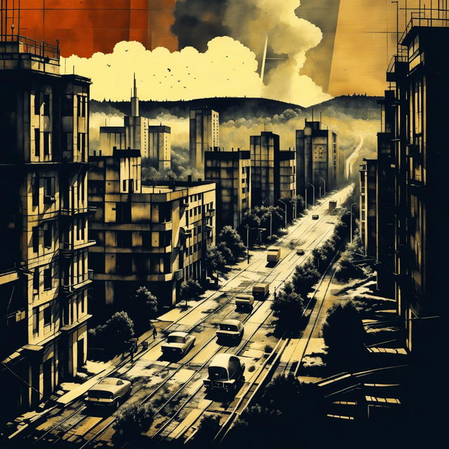 A semi-dark, abstract depiction of Cluj, Romania during the Communist era, featuring muted colors, Soviet-era architecture, and subtle historical details