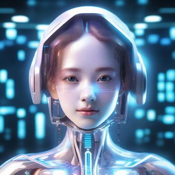 A detailed and futuristic depiction of a girl AI, featuring advanced technology elements, holographic interfaces, and a sleek, modern design