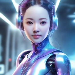 A detailed and futuristic depiction of a girl AI, featuring advanced technology elements, holographic interfaces, and a sleek, modern design