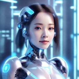 A detailed and futuristic depiction of a girl AI, featuring advanced technology elements, holographic interfaces, and a sleek, modern design