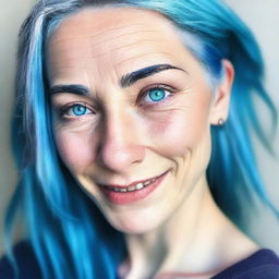 A kind and understanding woman with blue hair and blue eyes, showing empathy and compassion towards others