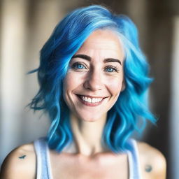 A kind and understanding woman with blue hair and blue eyes, showing empathy and compassion towards others