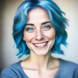 A kind and understanding woman with blue hair and blue eyes, showing empathy and compassion towards others